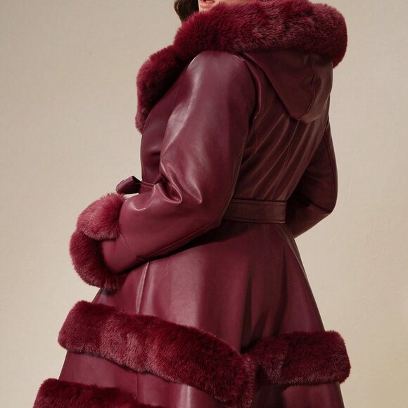 Burgundy Elegant Women's Fluffy Furry Jacket - Picture 2 of 7